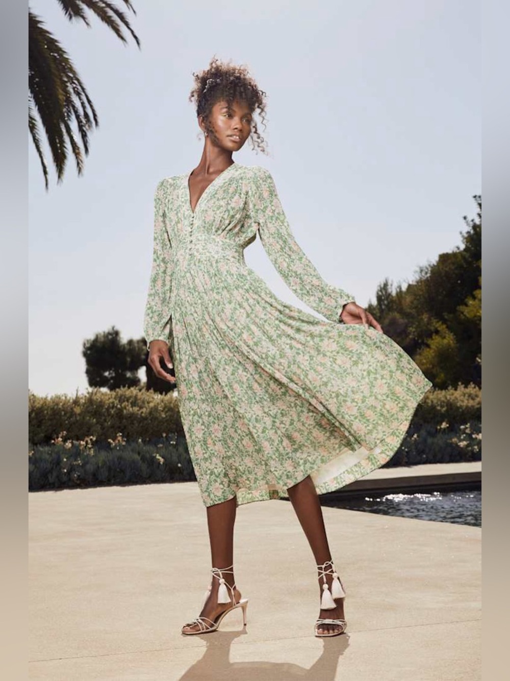 Green Floral V-neck Long Puff Sleeve Pintucked Midi Dress Pleated Wedding Garden - Picture 7 of 11
